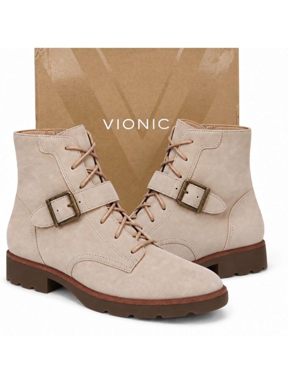 Vionic Catina Womens 9 WIDE Lucid Beige Suede Leather Lace-Up Ankle Boots